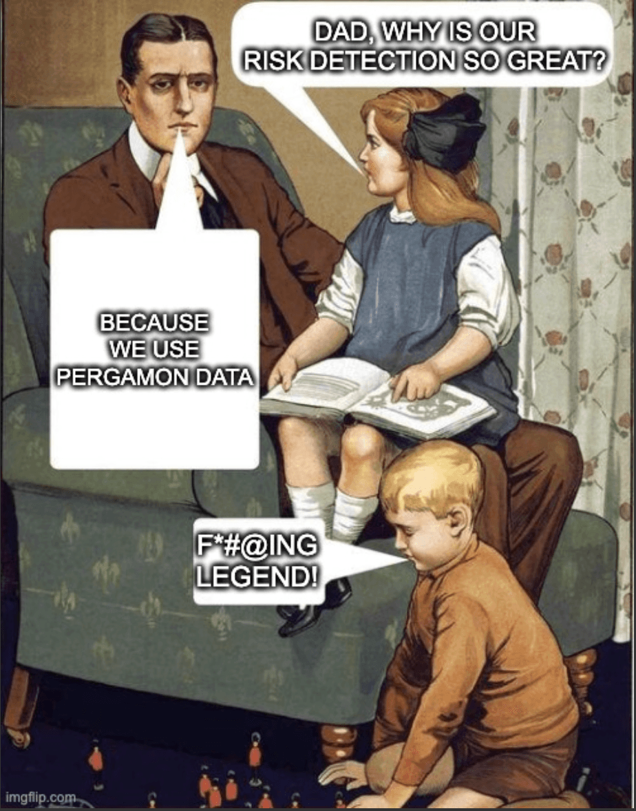 Dad explaining to child why risk detection is great - because we use Pergamon data